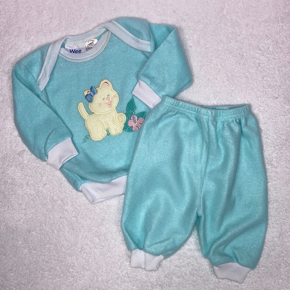 Vintage y2k wee works soft fleece mint green kitty cat matching set 3/6m
